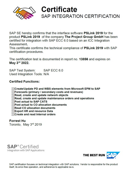 Certification SAP de TPG PSLink SAP 2019