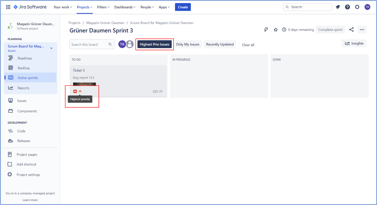 Jira for Scrum Masters – Example of a Quick Filter in Jira showing all Issues with the highest priority