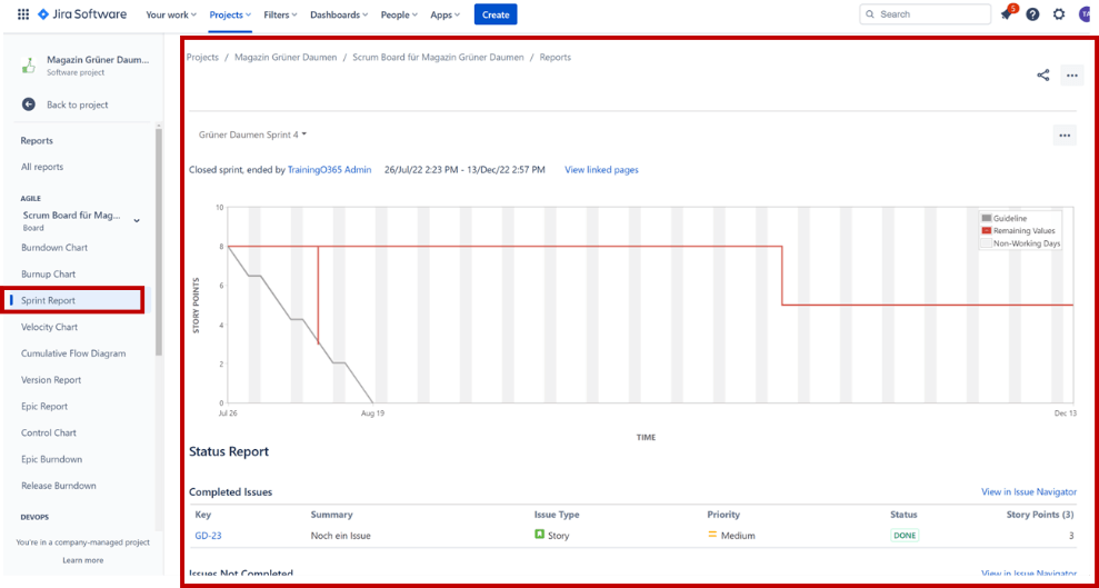 Jira for Scrum Masters – Step 4: View of the Sprint Report in Jira based on the progress data. This view consists of a Sprint Burndown diagram and a list of completed as well as not yet completed issues below.