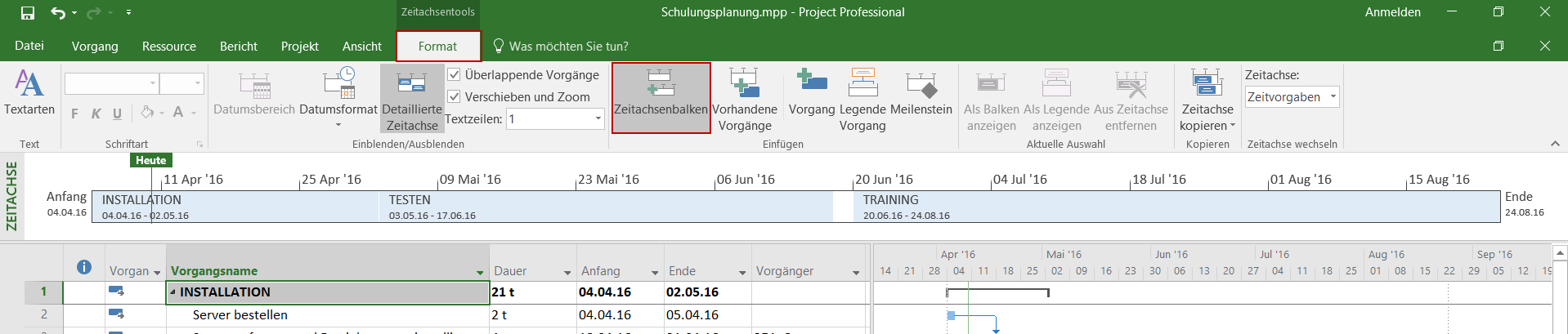 Mehrfache Timelines in Project 2016