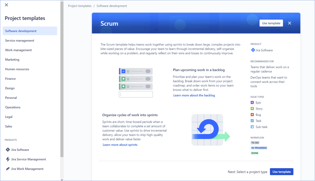 Scrum-Softwareprojektvorlage in Jira Cloud