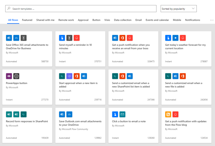 Microsoft Power Automate template selection