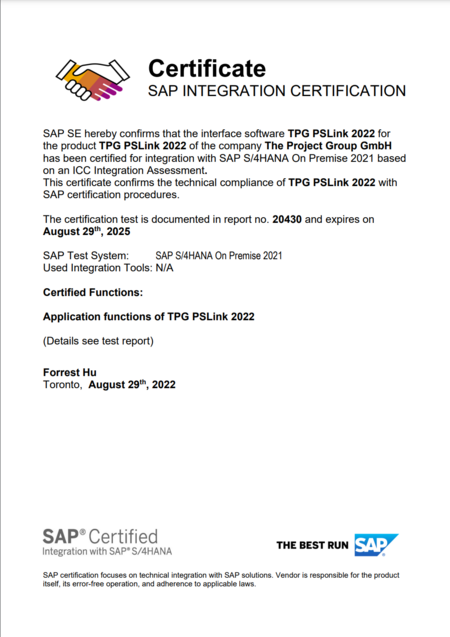 TPG PSLink SAP Zertifizierung 2022